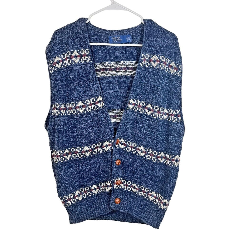 Vintage Sweater Vest Mervyns Cambridge Classics Knit Fair Isle Button Blue Men L